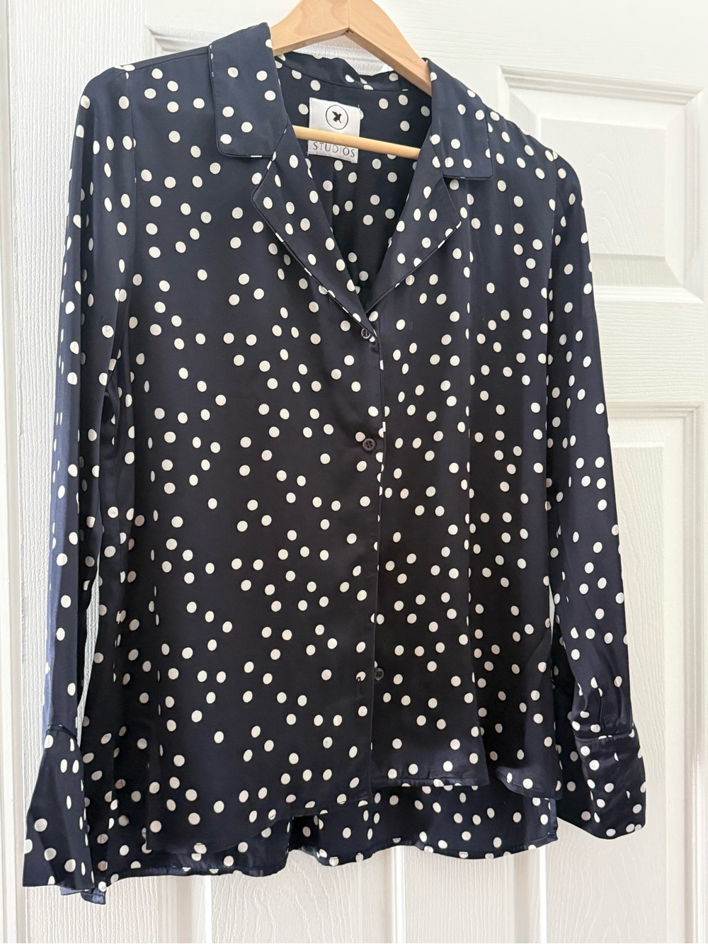 Rough Studios 100% silk oversized button-down navy blue polka dot shirt Sz S